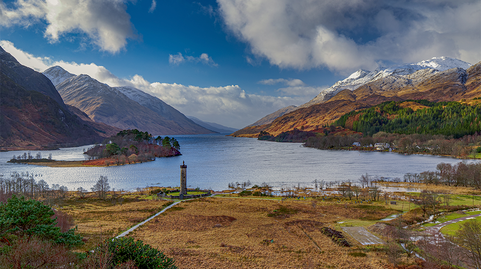 A winter shot of the Glenfinnan Monument and Loch Shiel in Scotland